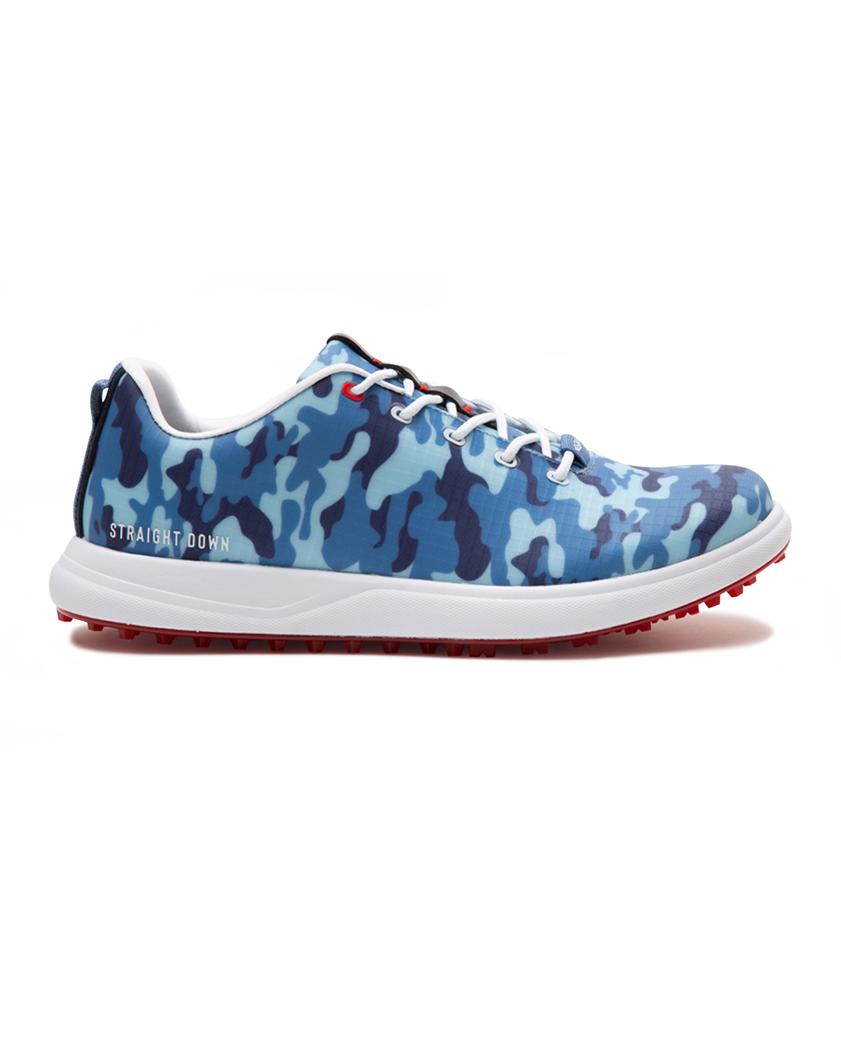 Straight Down Defender Golf Shoe in Camo Ocean, lateral side profile view featuring blue tonal camouflage print upper, red lace hardware accents, white laces, white midsole, and red traction outsole with Straight Down wordmark on side