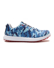 Straight Down Defender Golf Shoe in Camo Ocean, lateral side profile view featuring blue tonal camouflage print upper, red lace hardware accents, white laces, white midsole, and red traction outsole with Straight Down wordmark on side