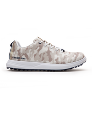 Straight Down Defender Golf Shoe in Camo Stone, lateral side profile view featuring cream and tan desert camouflage print upper, navy lace hardware accents, white laces, white midsole, and navy traction outsole with Straight Down wordmark on side