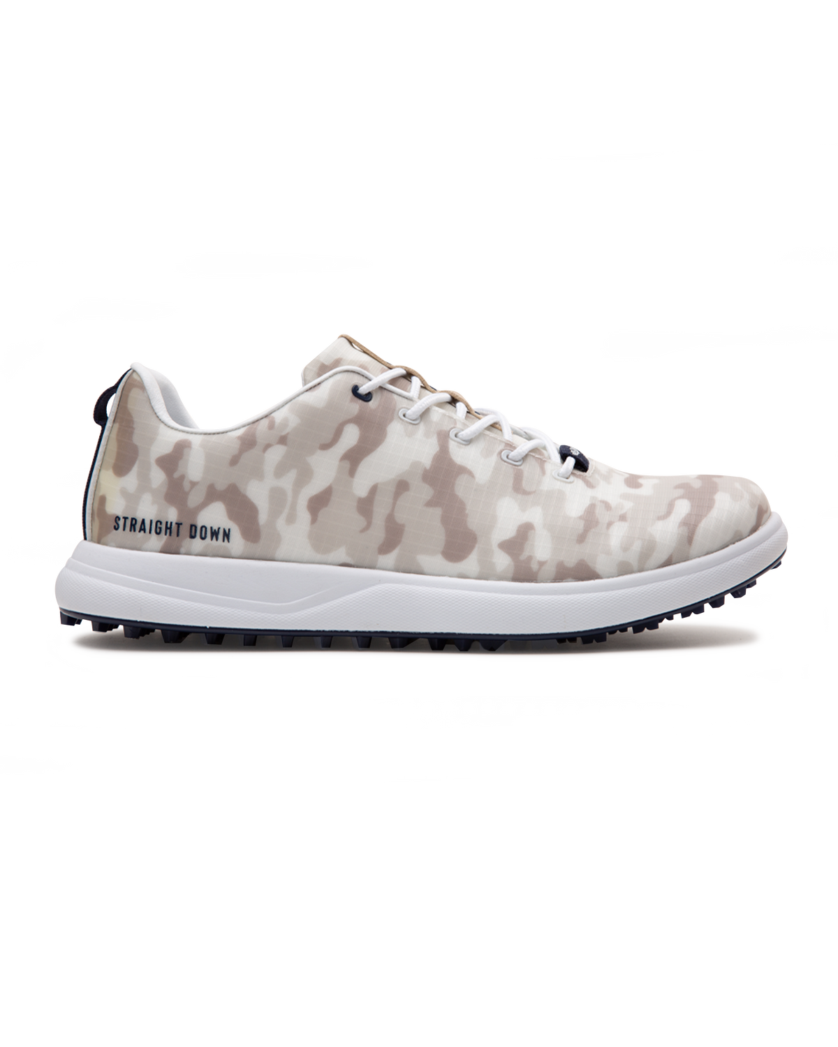 Straight Down Defender Golf Shoe in Camo Stone, lateral side profile view featuring cream and tan desert camouflage print upper, navy lace hardware accents, white laces, white midsole, and navy traction outsole with Straight Down wordmark on side