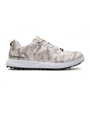 Straight Down Defender Golf Shoe in Camo Stone, lateral side profile view featuring cream and tan desert camouflage print upper, navy lace hardware accents, white laces, white midsole, and navy traction outsole with Straight Down wordmark on side
