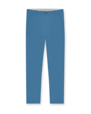 Men's Maverick Twill Pant in Petrol, flat lay front view featuring a solid blue with a button waistband closure and slant front pockets