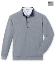 Men's Foothill V2 Placket in Heather, flat lay front view featuring a heathered fleece construction with a button placket, stand-up collar with navy interior, ribbed cuffs and hem, layered over a white collared shirt