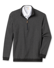 Men's Harrison Quarter Zip in Black, flat lay front view featuring a charcoal herringbone knit body with ribbed cuffs and hem and quarter-zip closure with leather pull tab, layered over a white collared shirt