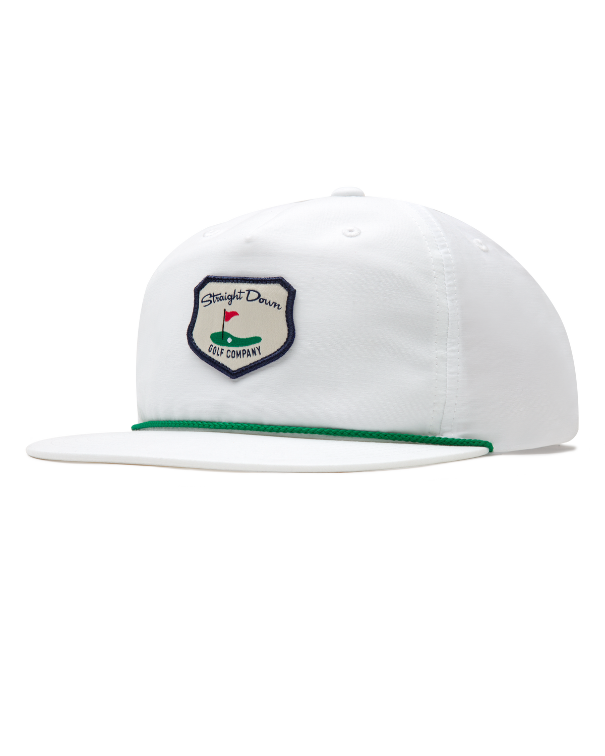 Hogan Retro Rope Hat in White, front-side view featuring a white snapback hat with a green rope brim detail and Straight Down Golf Company shield patch featuring a golf green with flag illustration