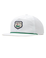 Hogan Retro Rope Hat in White, front-side view featuring a white snapback hat with a green rope brim detail and Straight Down Golf Company shield patch featuring a golf green with flag illustration