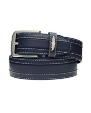 Men's Diplomat Belt in New Indigo, coiled flat lay view featuring a leather construction with contrast white stitching, silver rectangular buckle, and Straight Down logo keeper
