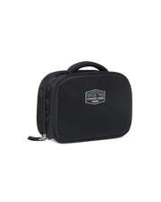 Straight Down Montana Dopp Bag in Black, front angle view featuring a black toiletry bag with a Straight Down mountain badge logo patch, zip closure, and top carry handle