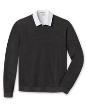 Men's Links Crewneck Sweater in Charcoal, flat lay front view featuring a heathered charcoal textured knit body with long sleeves and ribbed cuffs and hem
