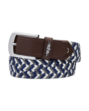 Men's Washington Web Belt in New Indigo, coiled view featuring a navy, grey, and white woven elastic construction with a brown leather keeper, Straight Down logo, and silver rectangular buckle