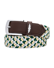 Brown leather belt with a silver buckle and a decorative wing emblem over a green, yellow, and white braided web strap