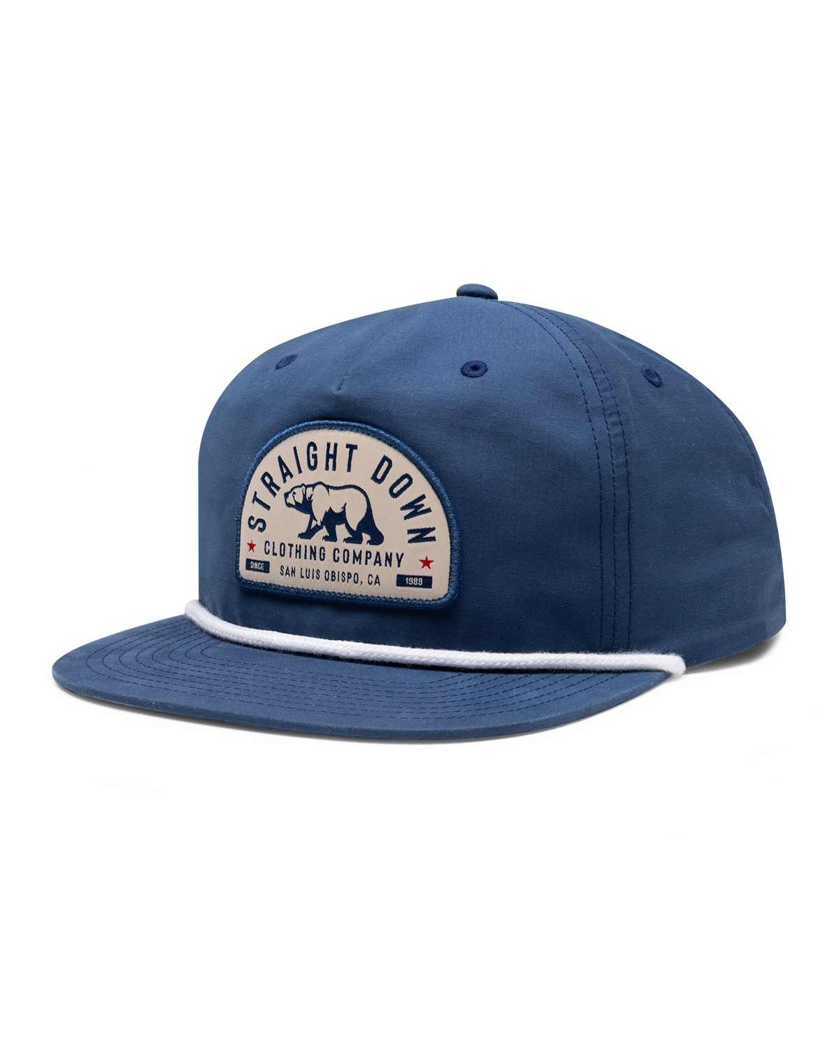 Bear Country Rope Hat in New Indigo, side view featuring a cream and navy arched Straight Down Clothing Company bear patch on the front panel with a white rope detail along the brim