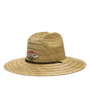 Wide-brim brown straw golf hat with Straight Down logo patch and braided hatband.