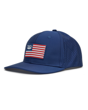 Republic Hat in Navy, side view featuring a Straight Down American flag rubber patch on a navy perforated hat with a structured brim