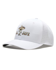 El Jefe Hat in White featuring a western character graphic, embroidered lettering, curved brim, and perforated side panels.