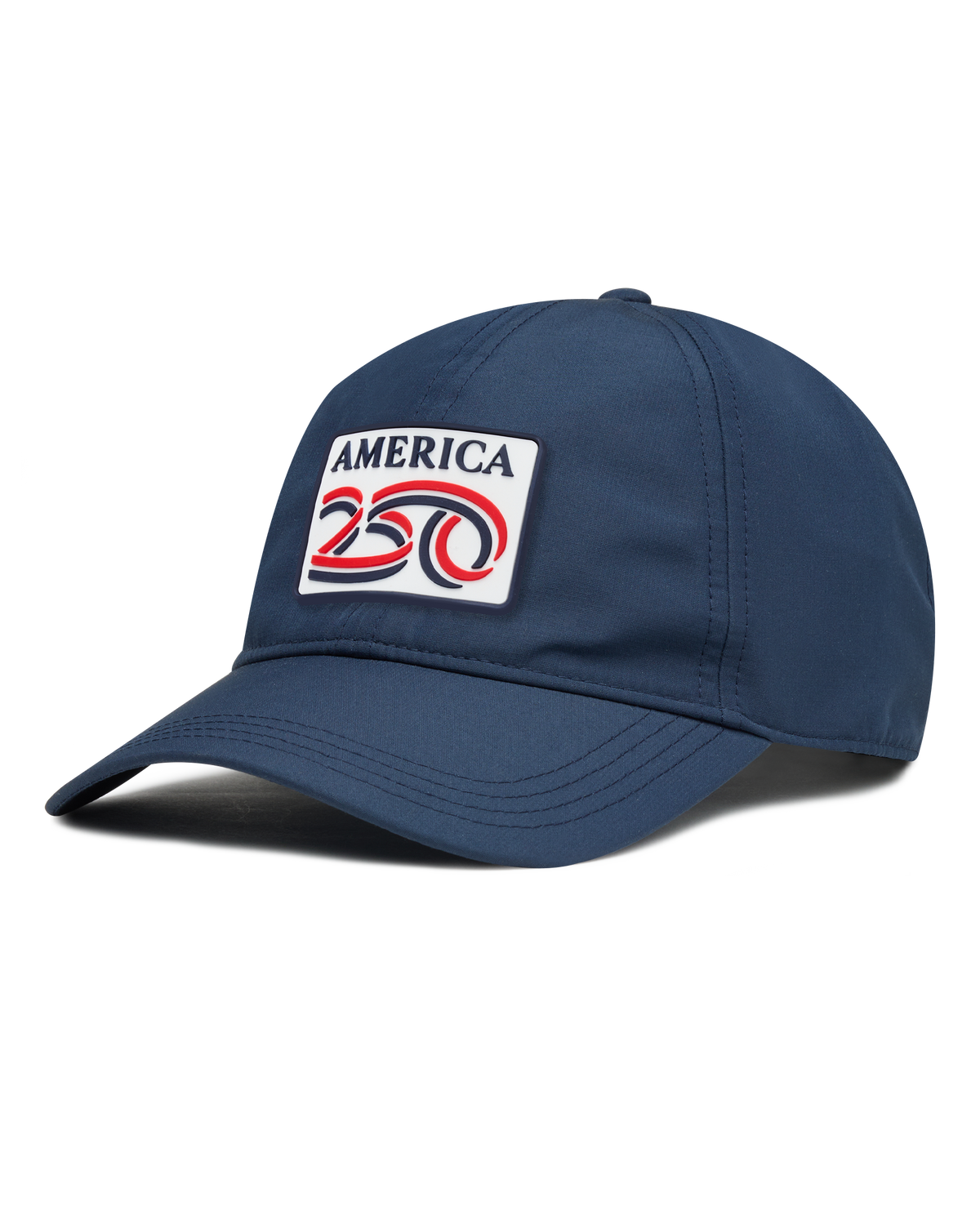 A navy structured baseball cap with a curved brim, featuring a front patch that reads 'AMERICA 250' in navy, red, and white. The cap has perforated side panels for ventilation.
