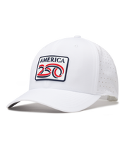 A white structured baseball cap with a curved brim, featuring a front patch that reads 'AMERICA 250' in navy, red, and white. The cap has perforated side panels for ventilation.