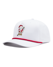 White Holiday Rounds Hat featuring a Santa Claus golfer patch on the front, red rope detailing across the brim, and a curved bill.