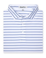 Men's Quintero Stripe Polo in Violet, folded flat lay front view featuring a white base with blue and violet horizontal stripes and button closure