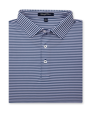 Del Mar Stripe Polo in new indigo and lilac, folded view showing collar and stripe pattern