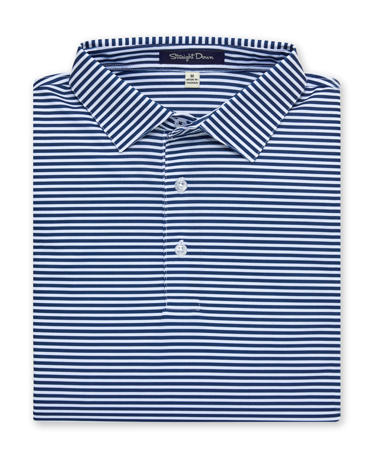 Del Mar Stripe Polo in new indigo, folded front view