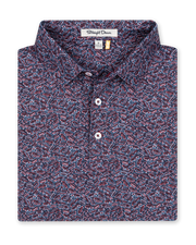 Men's American Muscle Polo in New Indigo, folded flat lay front view featuring a navy base with burgundy and blue vintage car print