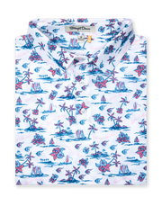 Men's Island Paradise Polo in Cool Blue, folded flat lay front view featuring an all-over tropical print with palm trees, hibiscus flowers, sailboats, and tropical fish and blue on a white body with a two-button placket and Straight Down label