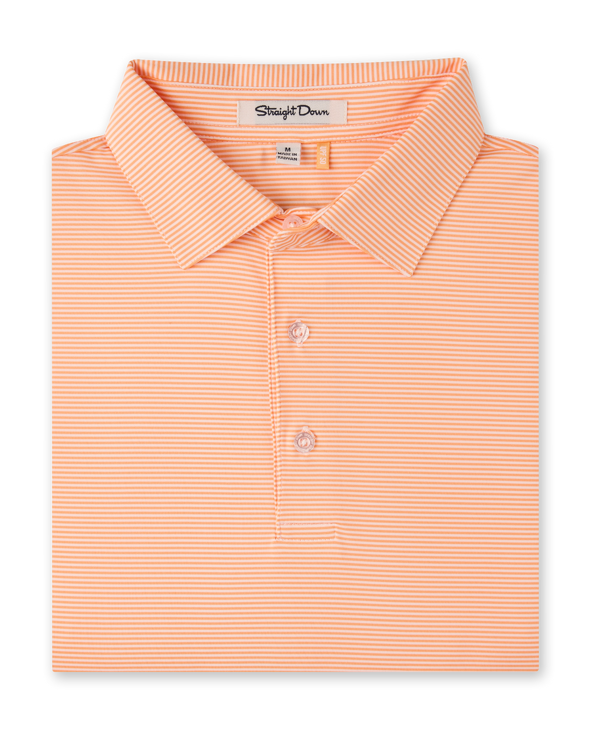 Men’s orange and white striped polo shirt with button placket and classic collar, folded flat