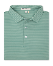 Folded polo with green and white thin stripes and front placket.