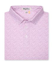Oleander Polo in haze, folded view showing collar, placket, and pink floral micro-print