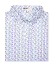 Men's Gin Therapy Polo in Pink Floyd, folded flat lay front view featuring an allover martini glass print in purple and light blue on a white background