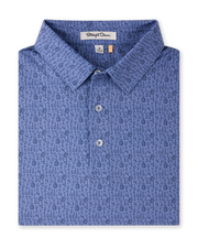 Tannins & Tees Polo in Tidal Blue folded to showcase the allover golf and wine-inspired print