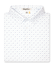 Men's Livingston Polo in White, folded flat lay front view featuring a white base with a scattered navy and light blue seagull print