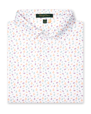 Men's Pimento Cheese Polo in White, folded flat lay front view featuring a white base with a scattered golf, sandwich, and drink print in purple, teal, and orange