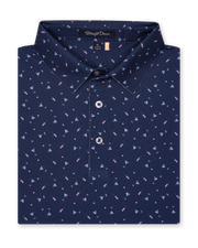 Men’s navy polo shirt with martini print, folded with classic collar and button placket
