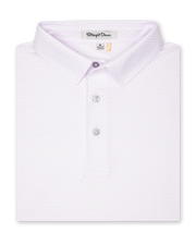Men’s white polo shirt with subtle ace-of-spades print in lilac, folded with classic collar and button placket