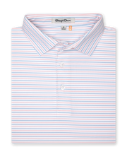 Men's Preserve Stripe Polo in Spritz, folded flat lay front view featuring a white short sleeve polo with horizontal pink and blue pinstripes, with a Straight Down label at the collar