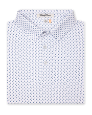 folded flat lay front view of Men’s white polo shirt with small geometric print paired with tan pants and a brown leather belt