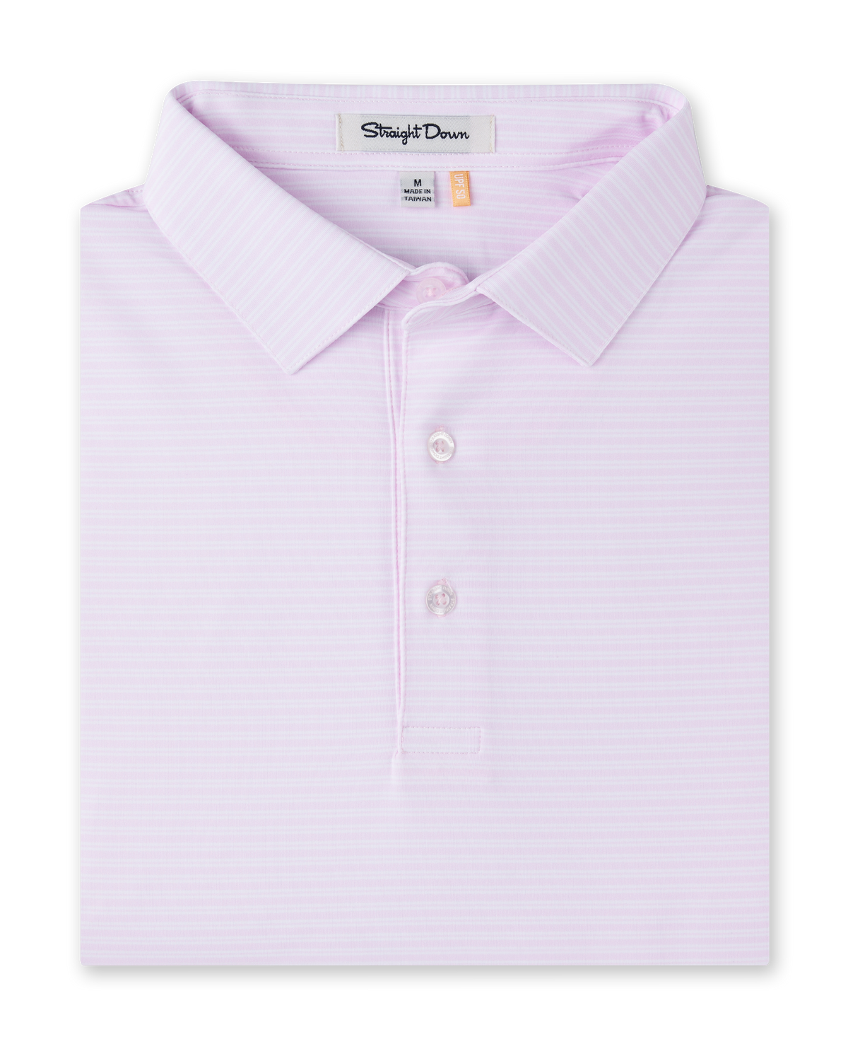 Campus Stripe Polo in Lilac, folded flat lay front view featuring a light pink and white fine horizontal stripe polo with a spread collar