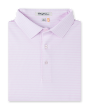 Campus Stripe Polo in Lilac, folded flat lay front view featuring a light pink and white fine horizontal stripe polo with a spread collar