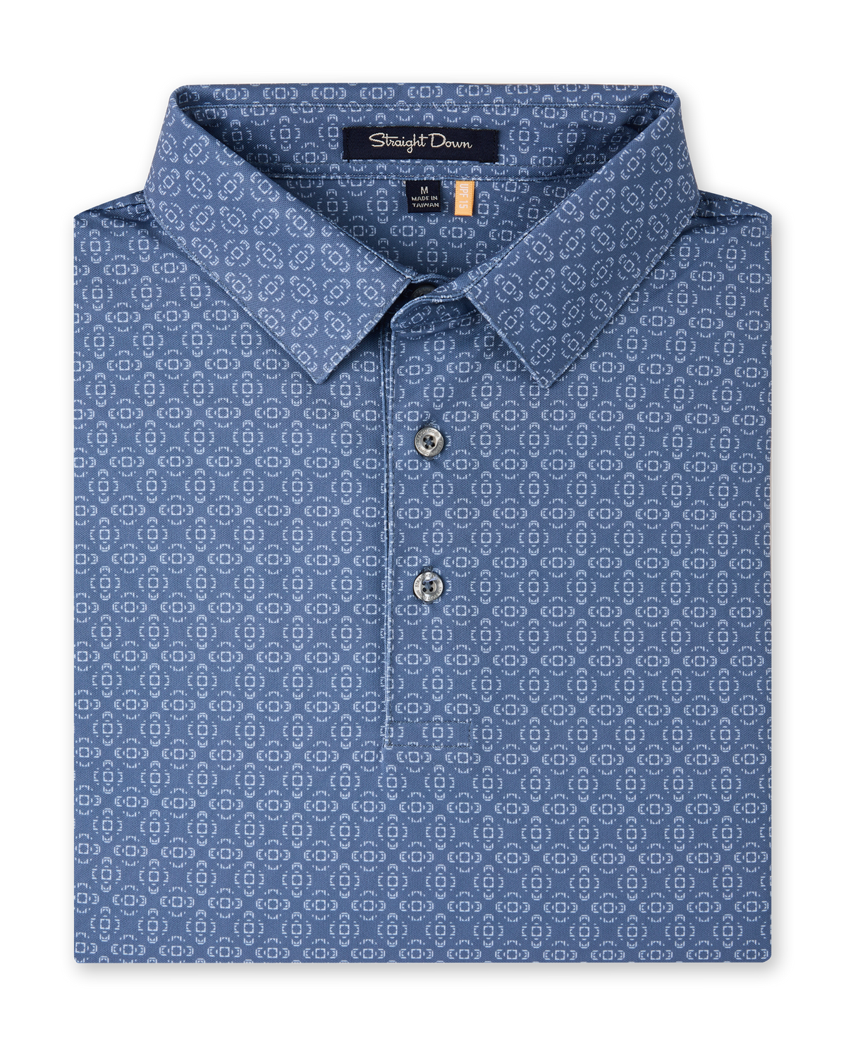Sarasota Polo in Moonlight featuring an all-over light geometric print, structured collar, and button placket.