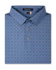 Sarasota Polo in Moonlight featuring an all-over light geometric print, structured collar, and button placket.