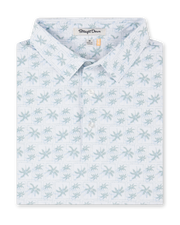 Folded 29 Palms Polo in Herb featuring an allover light green palm tree print on a white background.