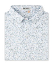 Route 66 Polo in Herb featuring an all-over illustrated print inspired by classic roadside landmarks, cars, palm trees, and desert scenery.
