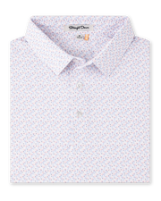 Folded Pink Flamingo Polo in Seashell, featuring an allover pink flamingo print with light blue and navy accents.