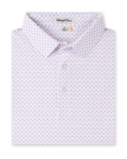 Brookhurst Polo in Punch Pink folded to showcase the white base with a subtle pink and blue geometric print