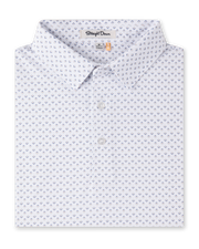 Folded Brookhurst Polo in Herb featuring an all-over blue and coral geometric print, self collar, and button placket.