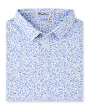 Poker Dawgs Polo in Tidal Blue featuring an allover print of dogs playing poker, folded view