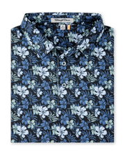 Folded black Hawaii 5.0 Polo featuring an allover blue and light green hibiscus floral print and button placket.