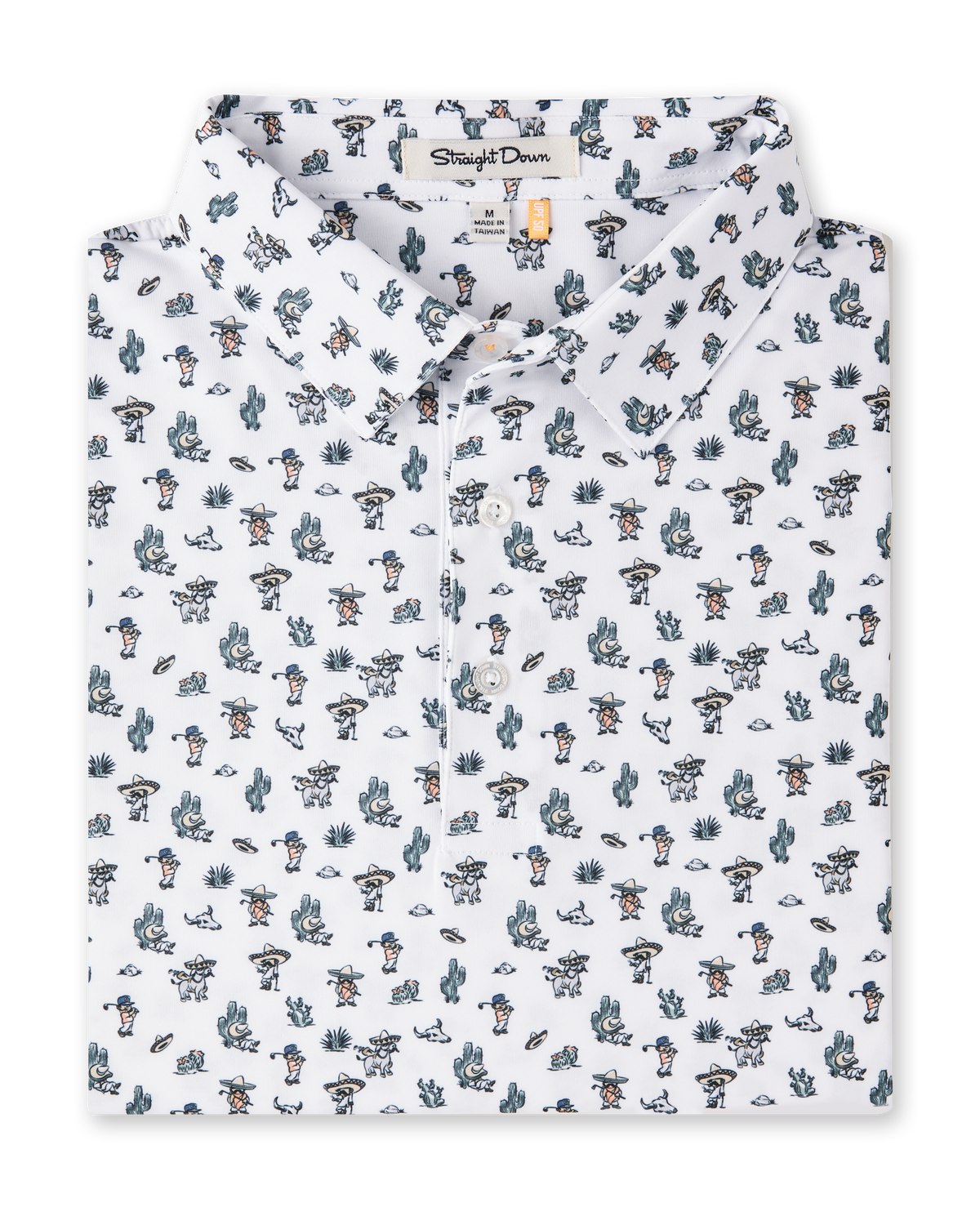 Folded white Siesta Polo featuring an allover Western-inspired print with golfers, cacti, sombreros, and desert motifs.